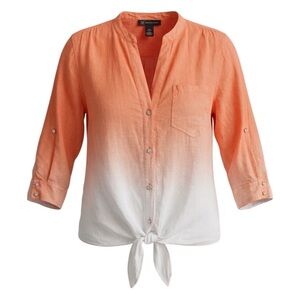 INC 100% Linen Ombré Crystal Button Tie Front Crop Sleeve Blouse Size 12